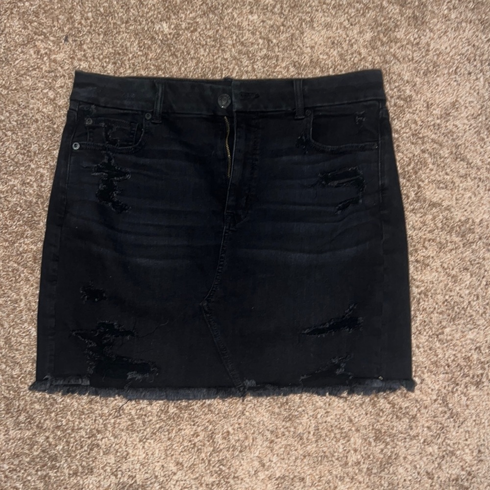 American Eagle Outfitters Black Distressed Denim Midi Skirt